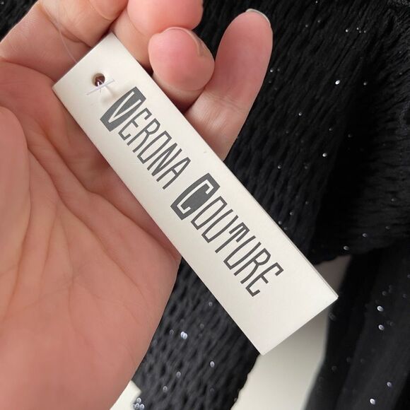 VERONA couture black sparkle smock faux wrap off shoulder crop top with sleeves - Picture 10 of 13